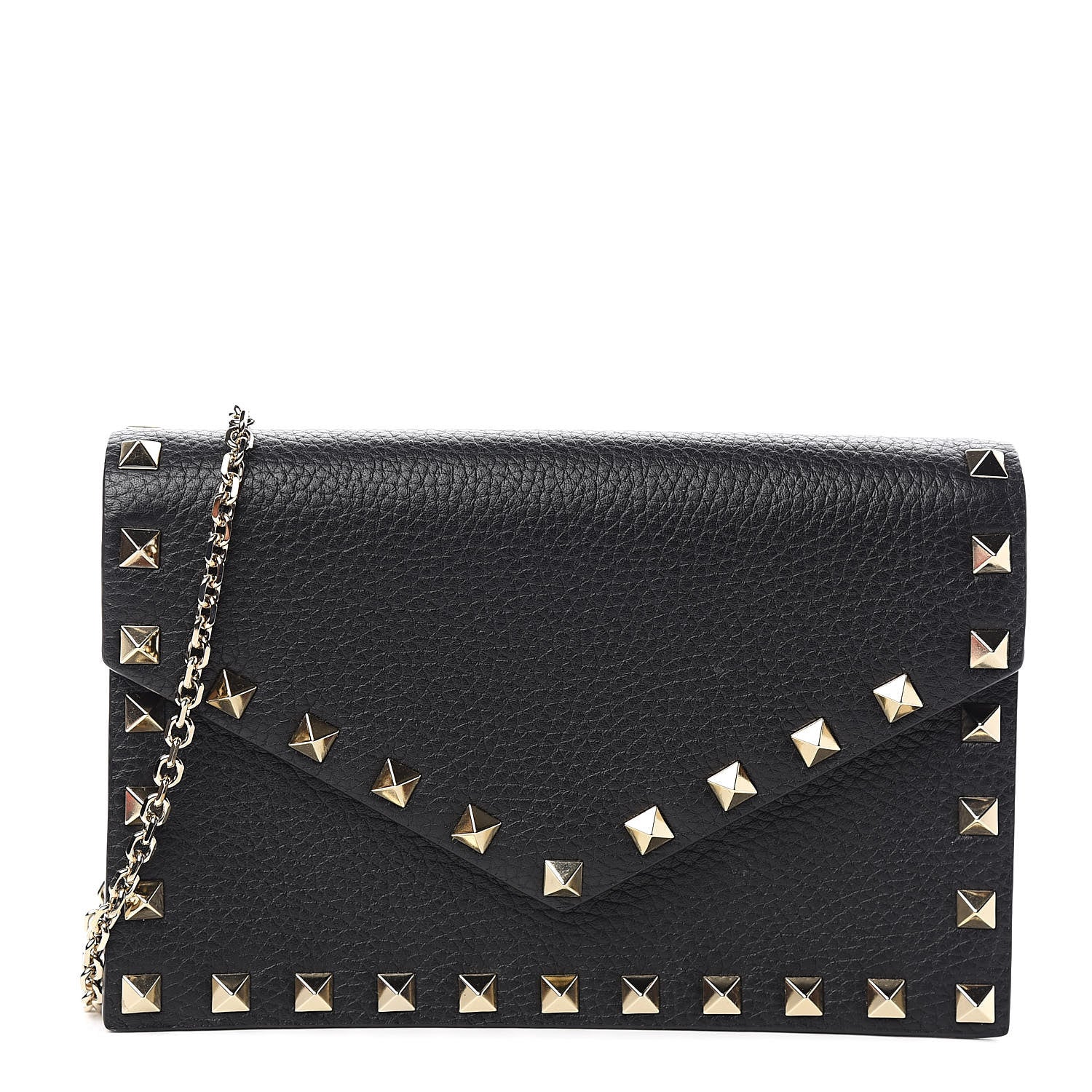 Valentino Garavani Pebbled Calfskin Rockstud Envelope Wallet on Chain Black 1 of 9