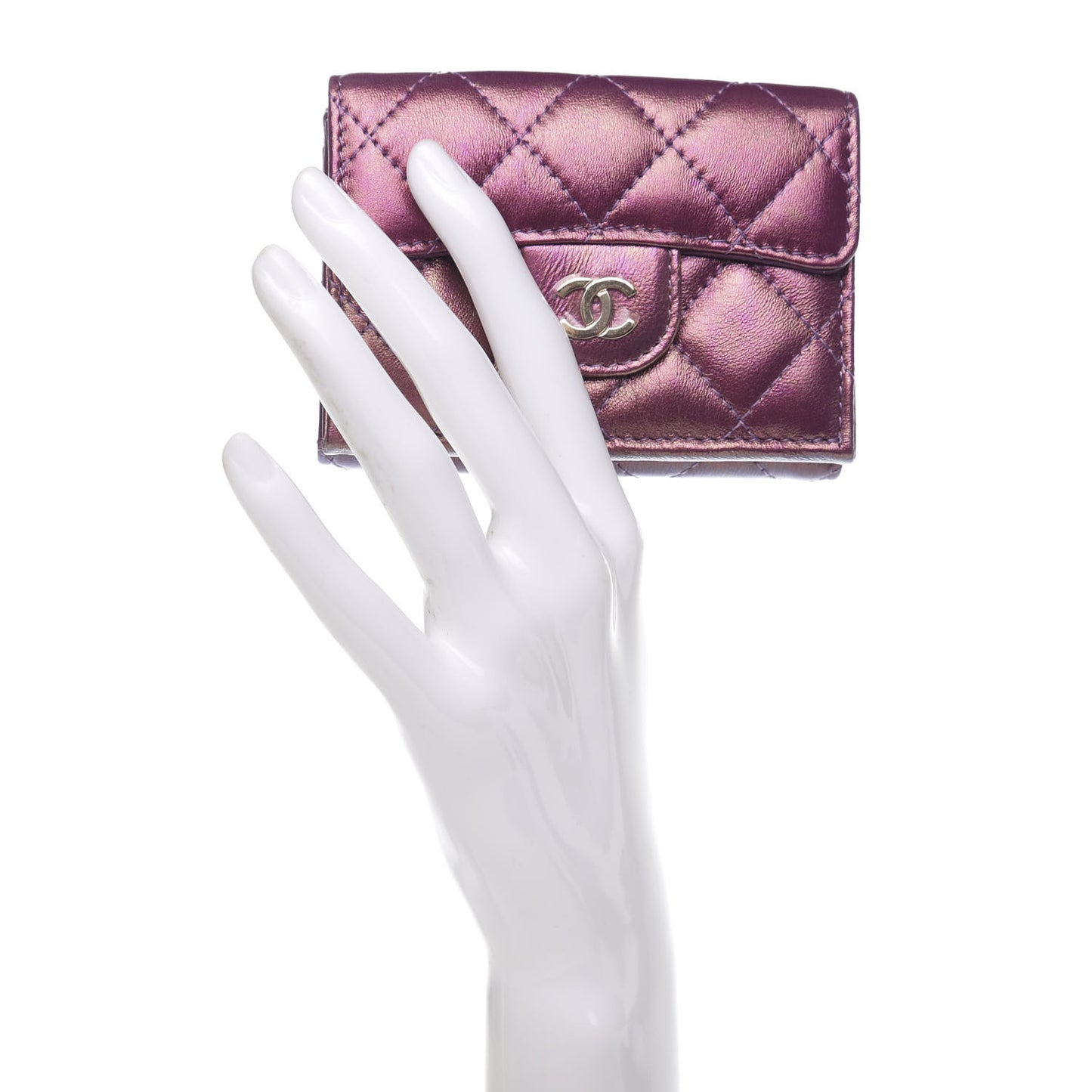 Iridescent Lambskin Small Quilted Flap Wallet Purple