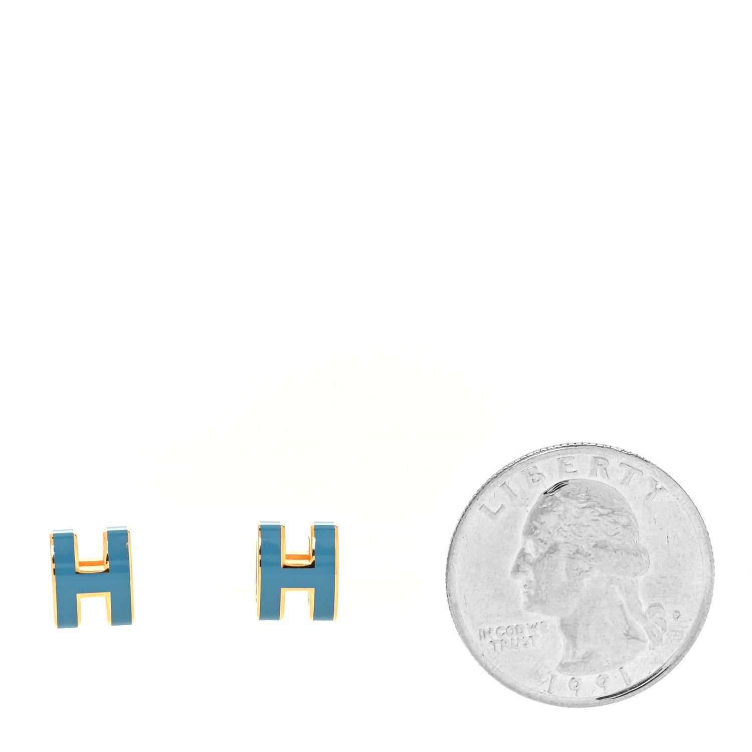 Hermes Gold Lacquered Pop H Earrings Bleu Jean 2 of 5