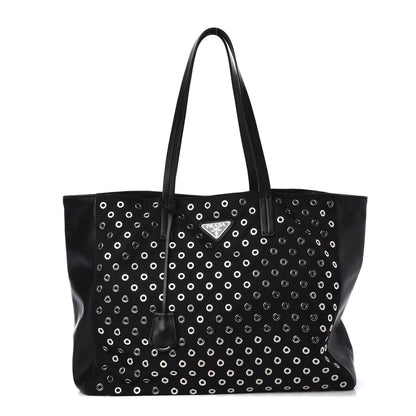 Prada Tessuto Nylon Calfskin Grommet Tote Black 1 of 12