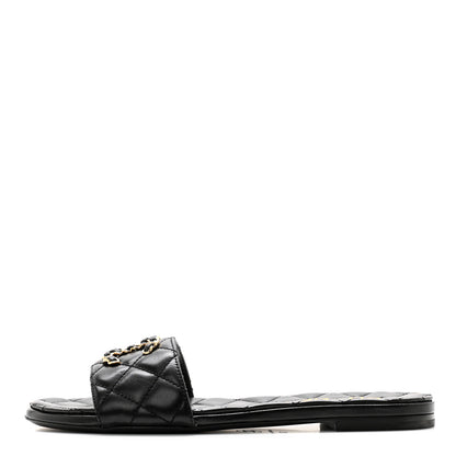 Chanel Shiny Goatskin Quilted CC Mules Sandals 36 Black 1 of 9