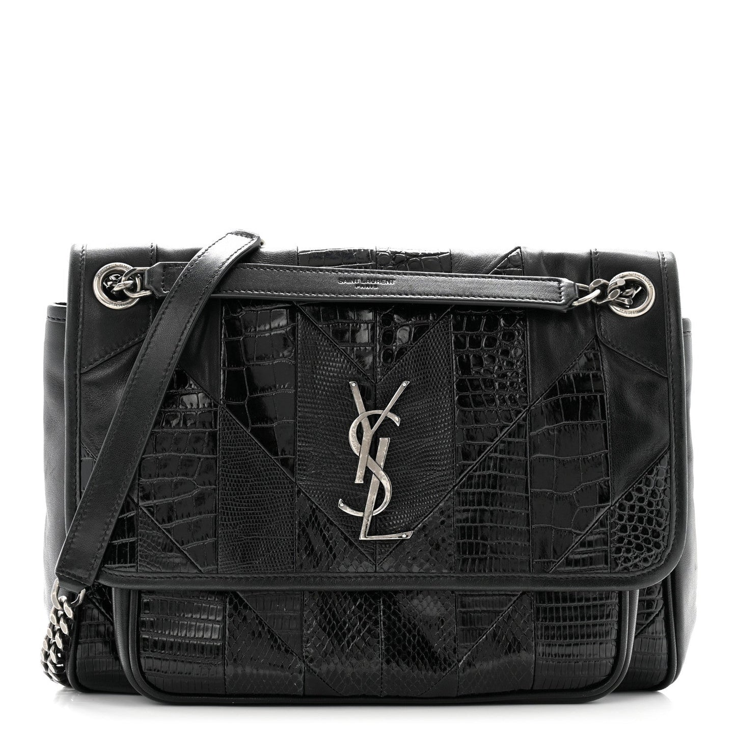 Calfskin Ayers Patchwork Monogram Medium Niki Chain Satchel Black