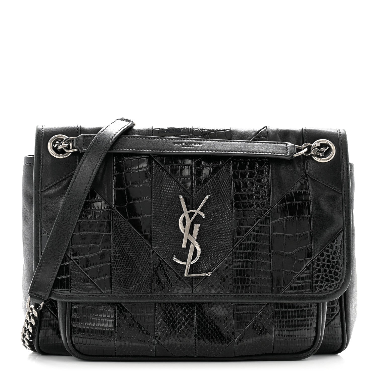 Saint Laurent Calfskin Ayers Patchwork Monogram Medium Niki Chain Satchel Black 1 of 11