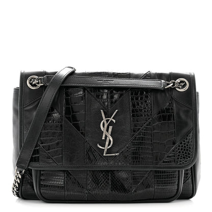 Saint Laurent Calfskin Ayers Patchwork Monogram Medium Niki Chain Satchel Black 1 of 11