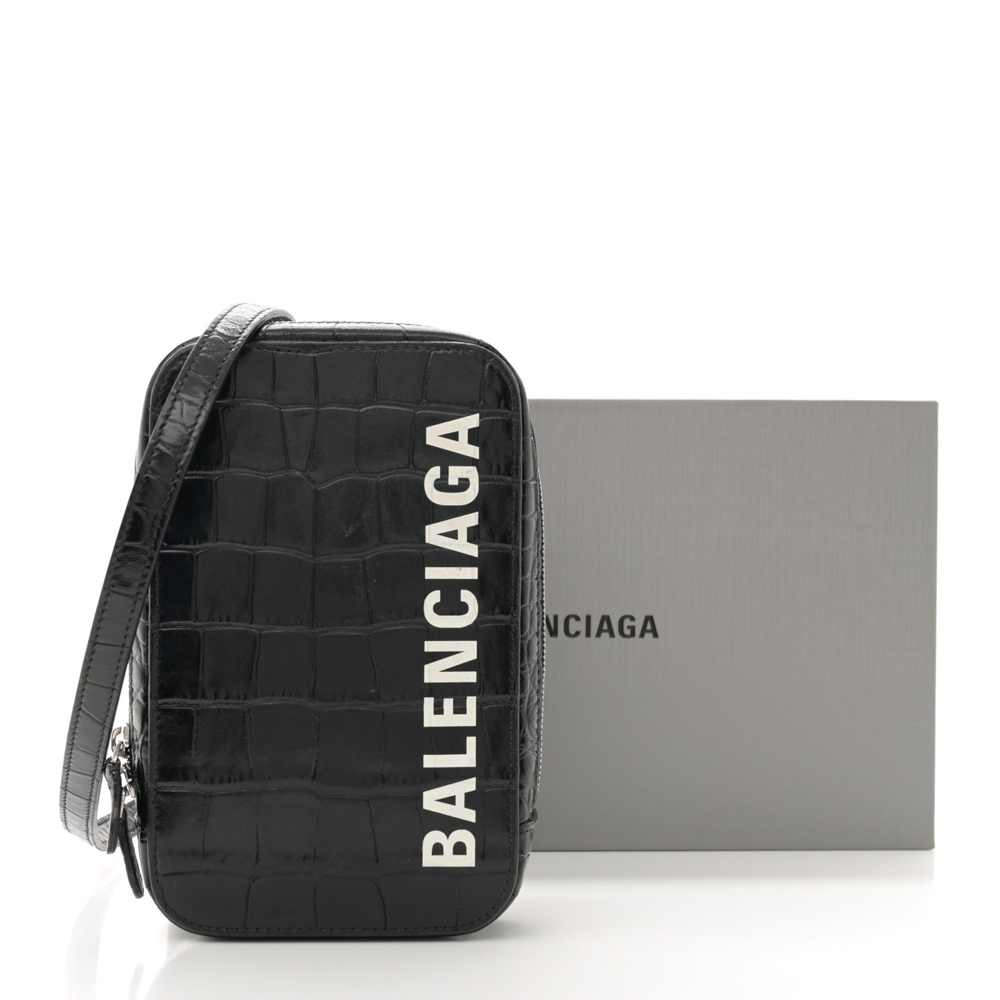 Shiny Calfskin Logo Crocodile Embossed Cash Phone Holder Bag Black White