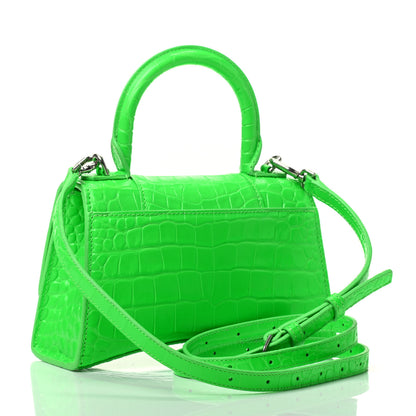 Balenciaga Shiny Calfskin Crocodile Embossed Hourglass Top Handle Bag XS Fluo Green 2 of 4