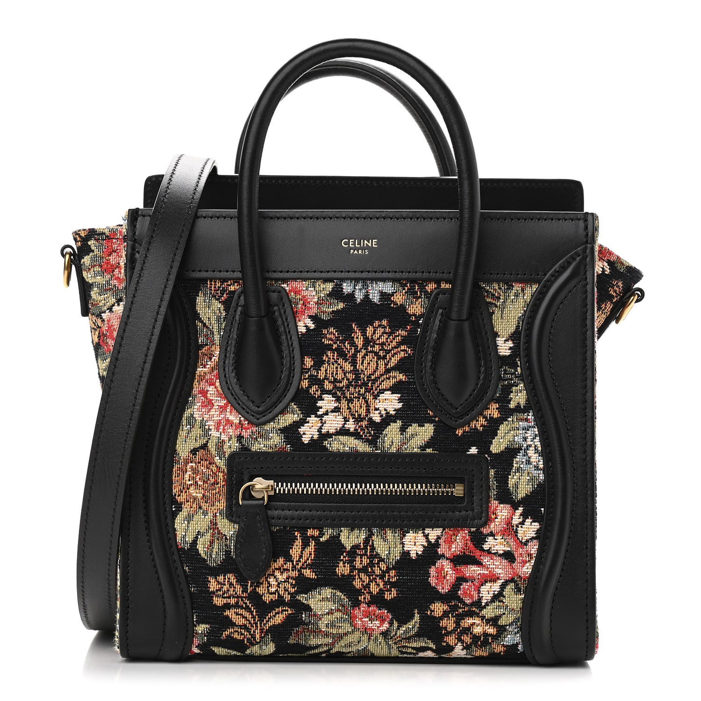 Calfskin Lambskin Canvas Jacquard Floral Nano Luggage Black