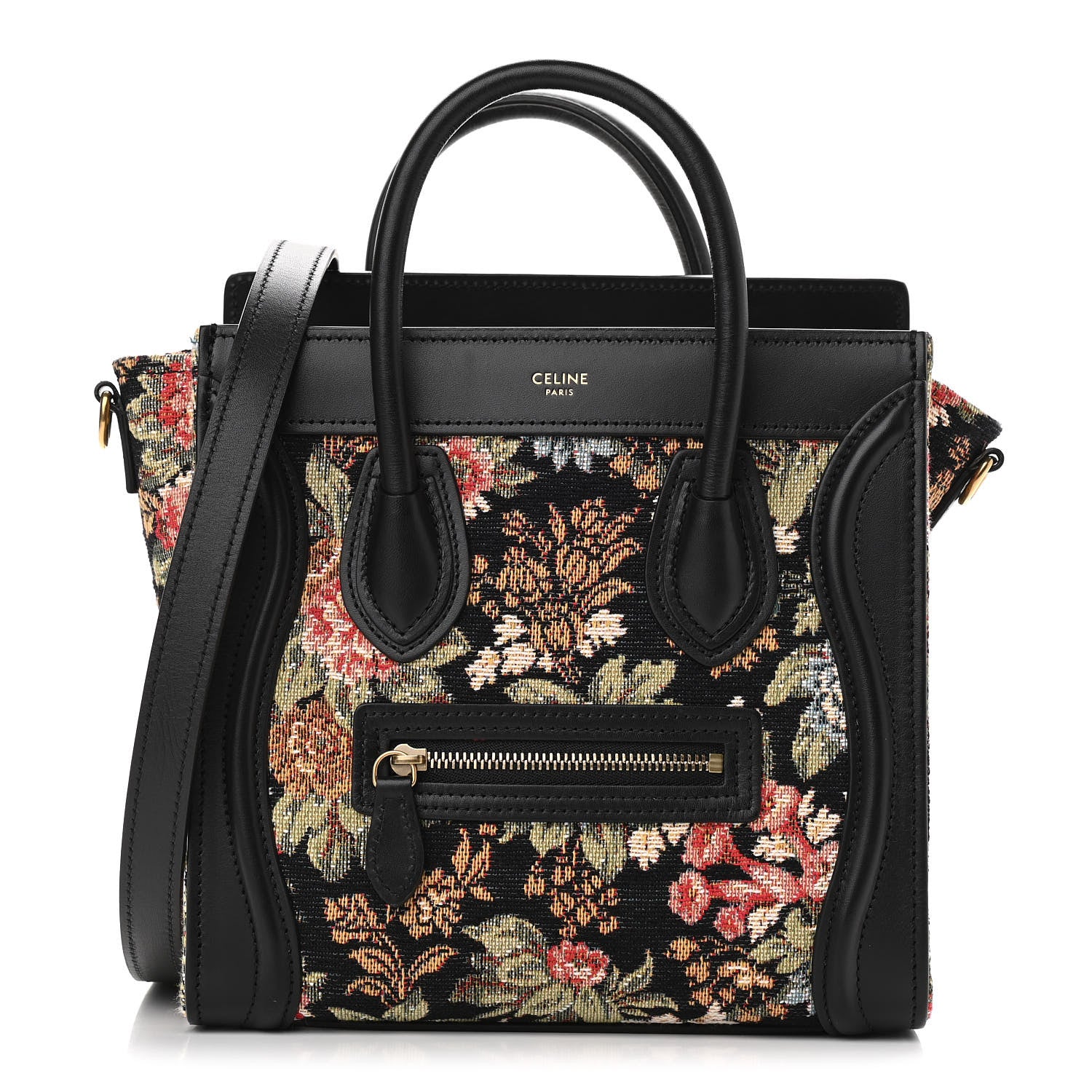 Celine Calfskin Lambskin Canvas Jacquard Floral Nano Luggage Black 1 of 10