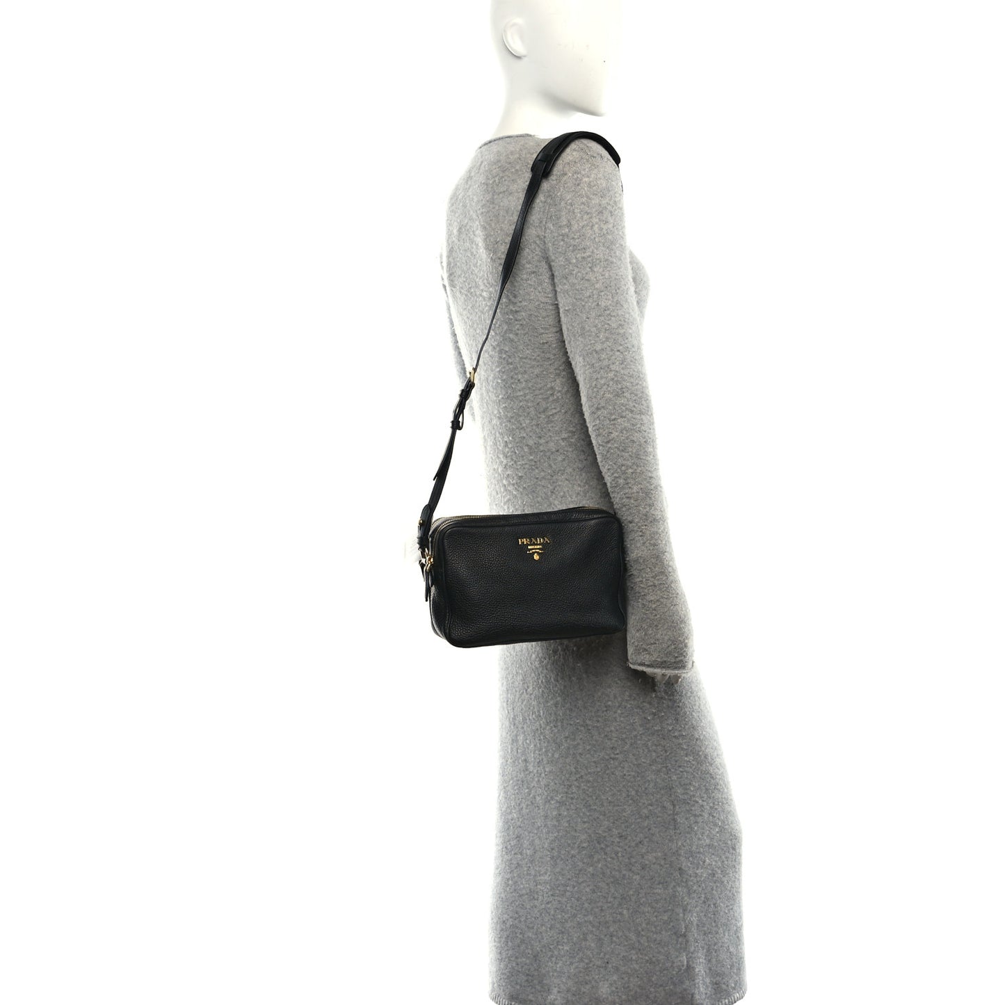Vitello Daino Medium Double Zip Shoulder Bag Black