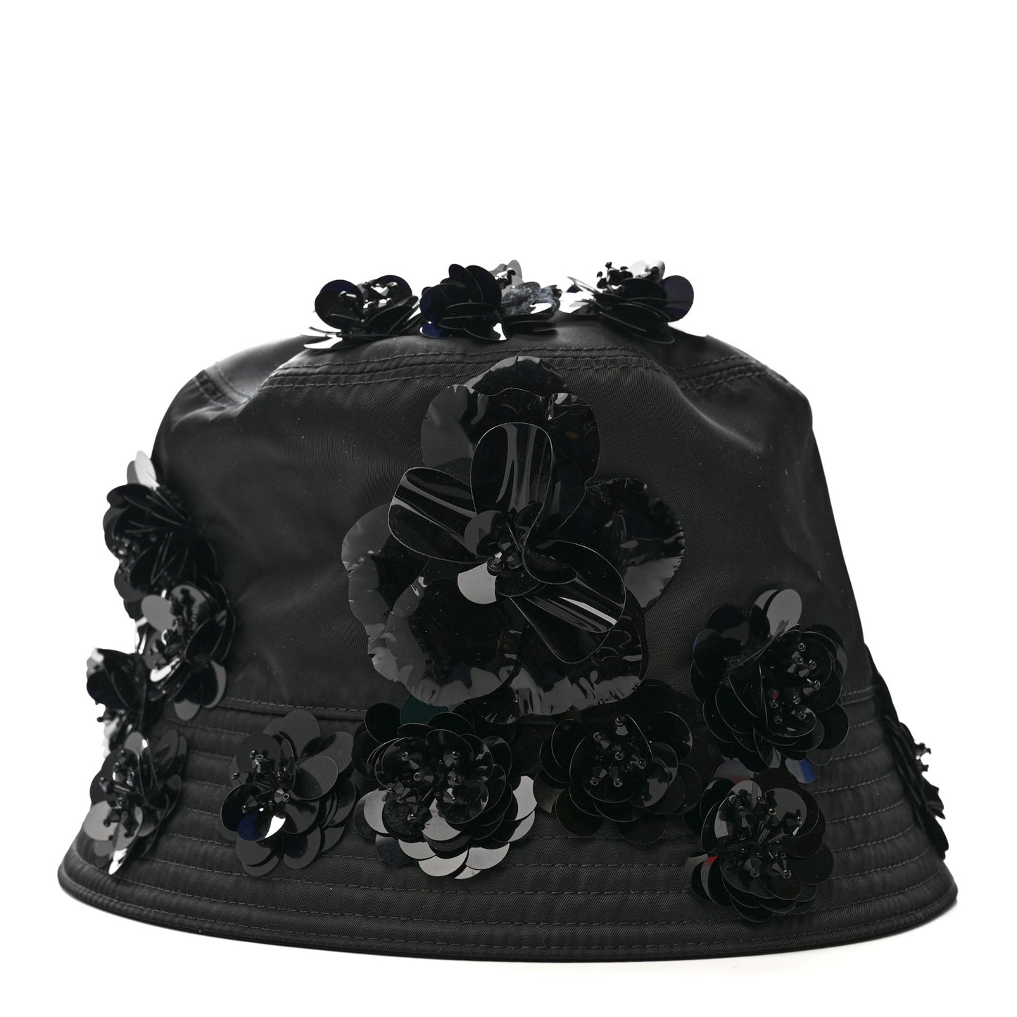 Re-Nylon Metal Triangle Logo Sequin Floral Embellished Bucket Hat L Black