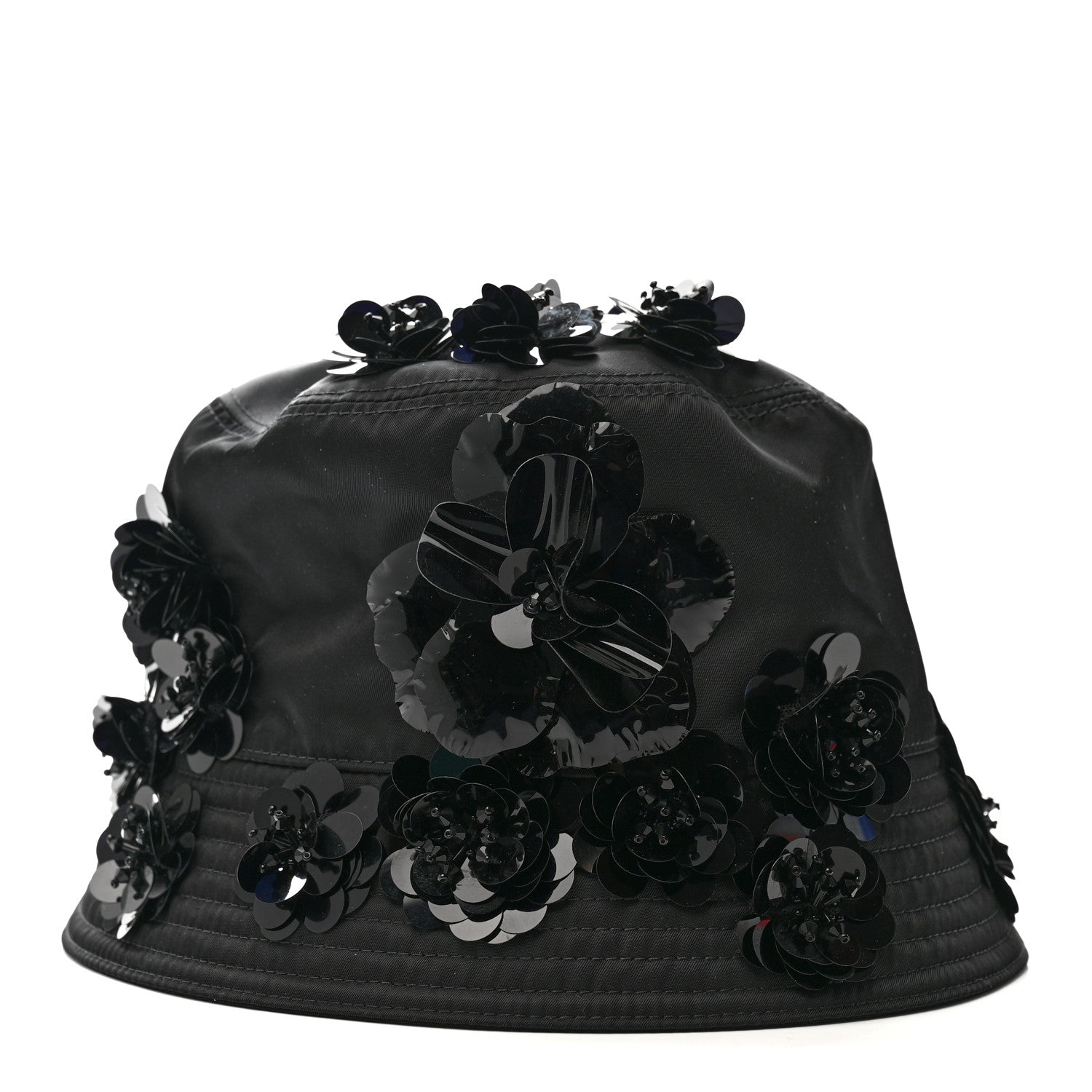 Prada Re-Nylon Metal Triangle Logo Sequin Floral Embellished Bucket Hat L Black 5 of 8