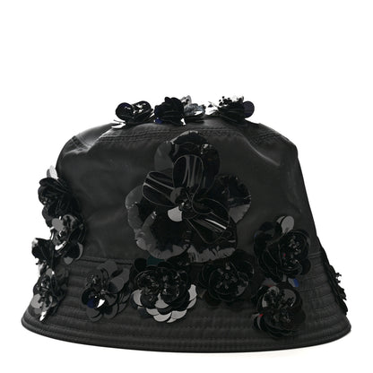 Prada Re-Nylon Metal Triangle Logo Sequin Floral Embellished Bucket Hat L Black 5 of 8