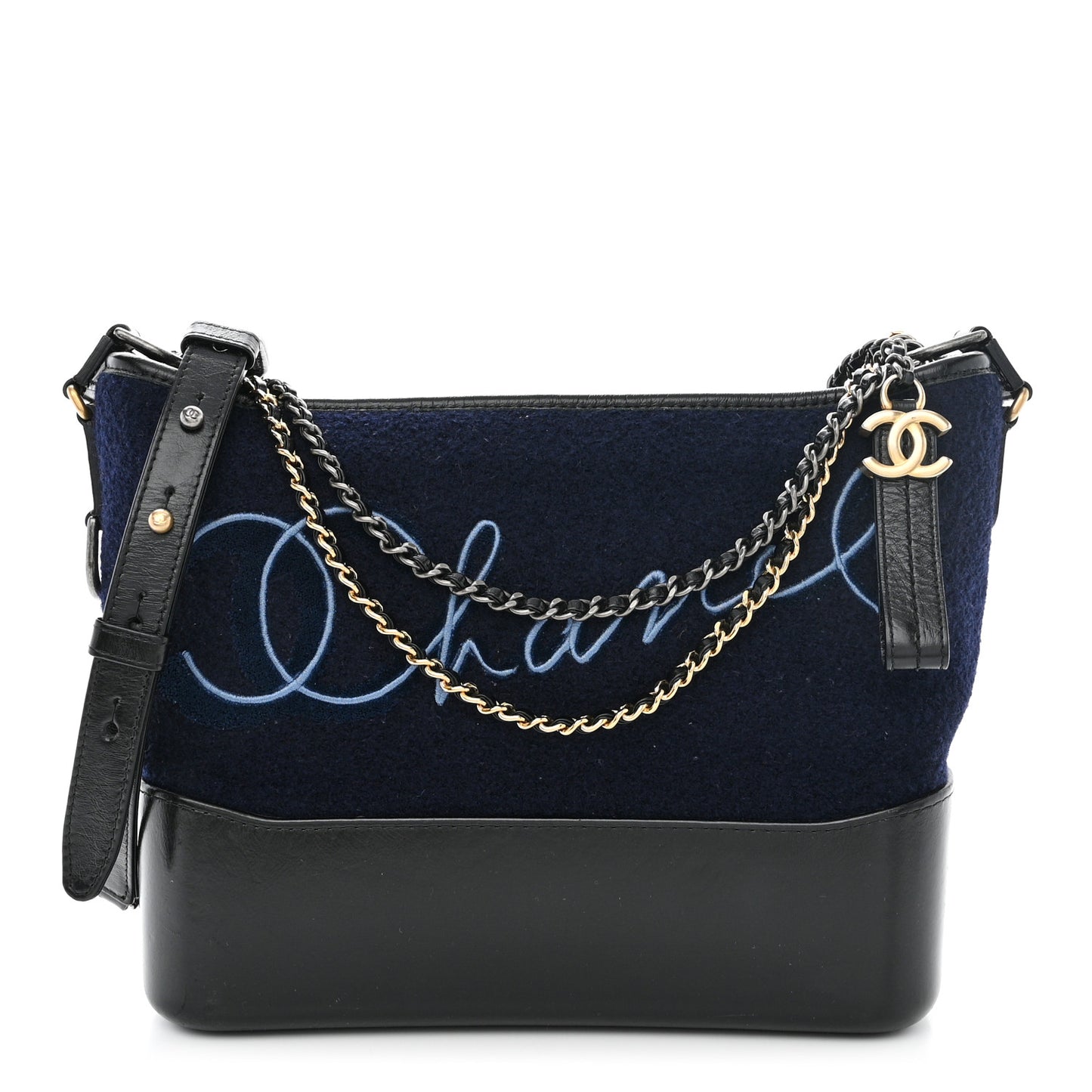 Calfskin Wool Embroidered Paris Hamburg Medium Gabrielle Hobo Dark Navy Blue