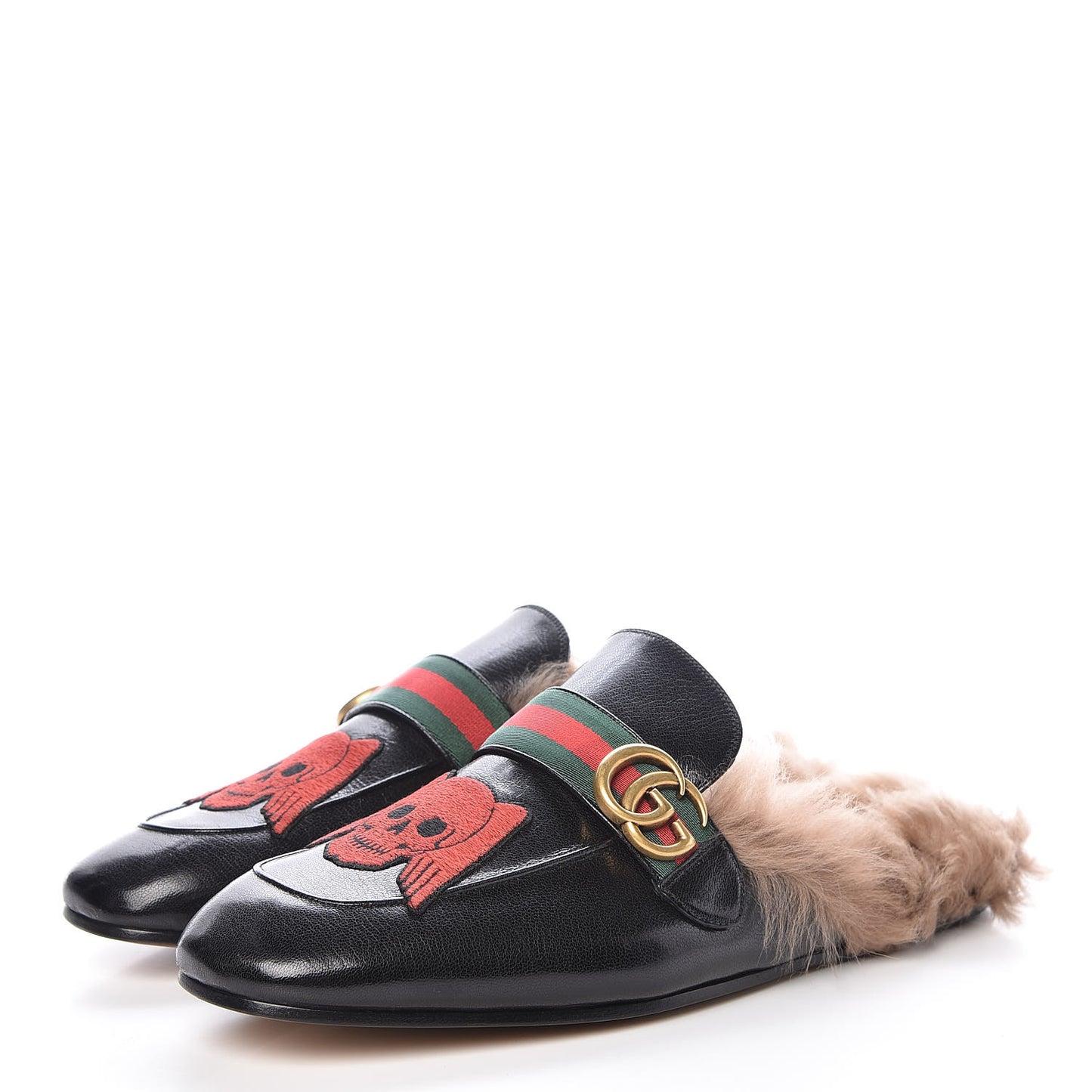 Goatskin Fur Web GG Skull Embroidered Mens Princetown Slippers 11 Black