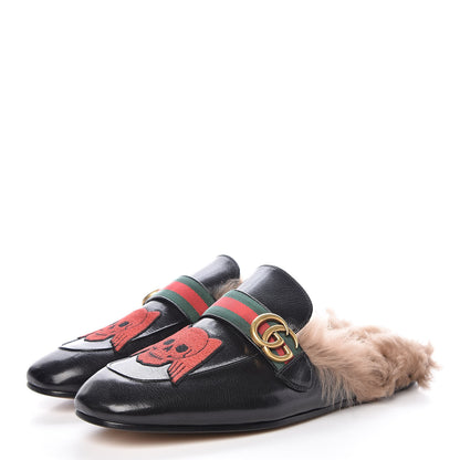 Gucci Goatskin Fur Web GG Skull Embroidered Mens Princetown Slippers 11 Black 3 of 9