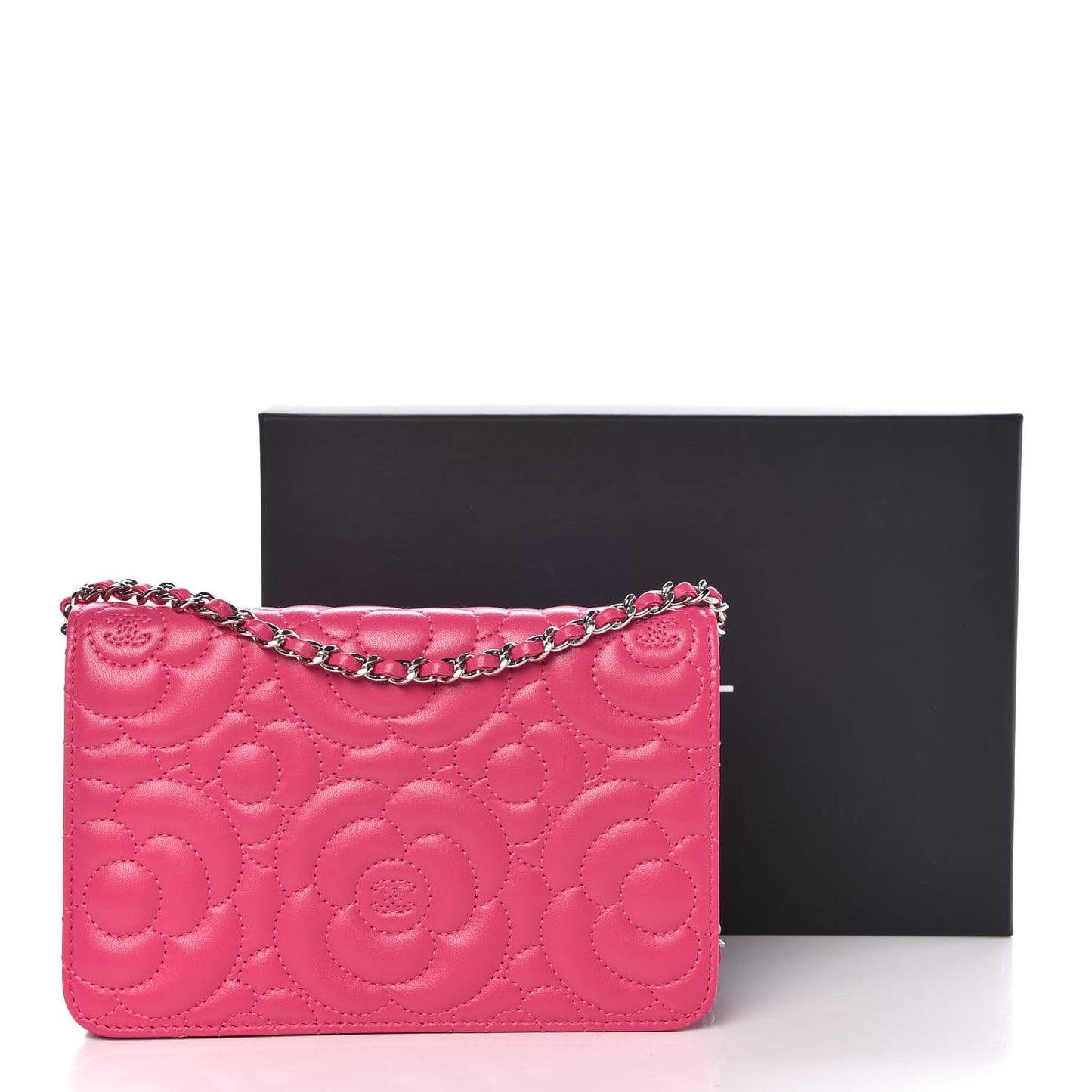 Lambskin Camellia Embossed Wallet on Chain WOC Fuchsia