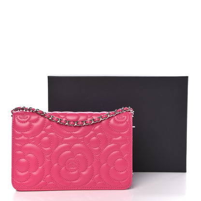 Chanel Lambskin Camellia Embossed Wallet on Chain WOC Fuchsia 9 of 9