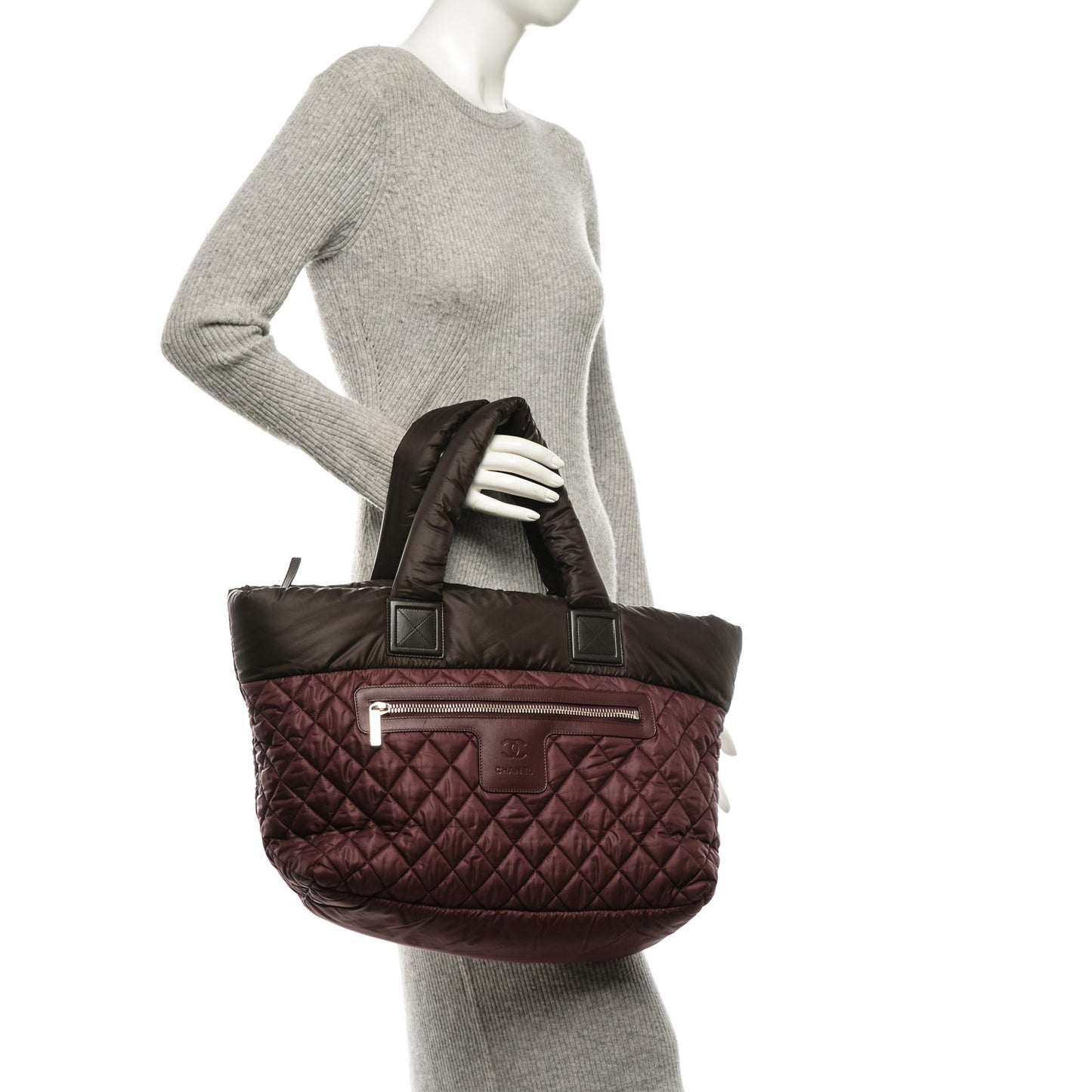 Nylon Quilted Medium Coco Cocoon Tote Brown Red