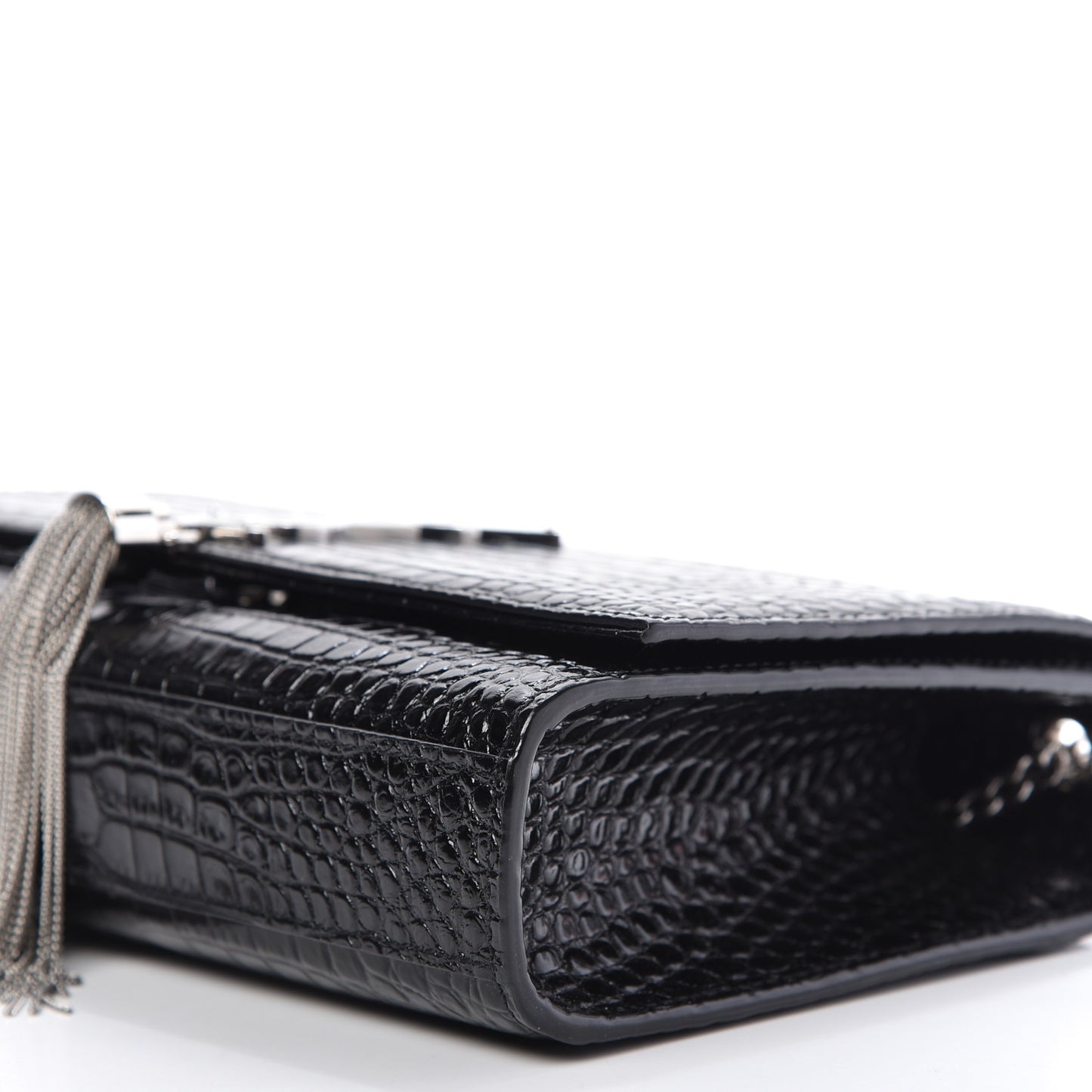 Calfskin Crocodile Embossed Medium Classic Monogram Kate Tassel Satchel Black