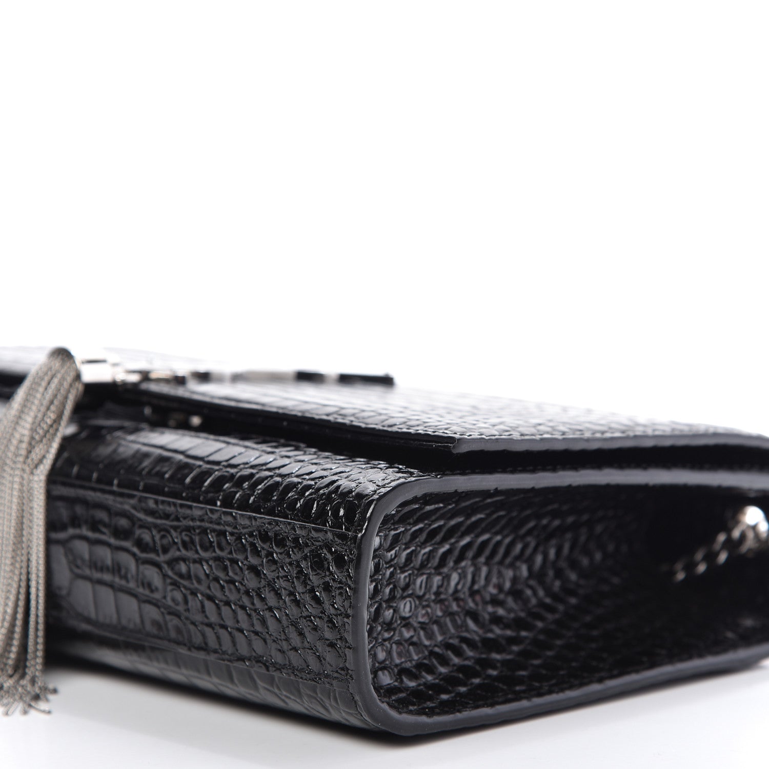 Saint Laurent Calfskin Crocodile Embossed Medium Classic Monogram Kate Tassel Satchel Black 7 of 9