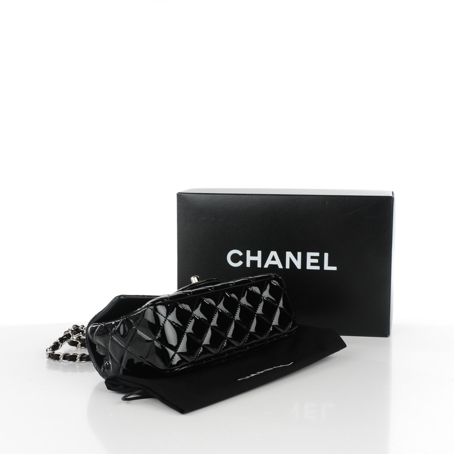 Patent Calfskin Quilted Mini Rectangular Flap Black