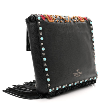 Valentino Garavani Pebbled Calfskin Embroidered Rockstud Rolling Fringe Messenger Black 3 of 15