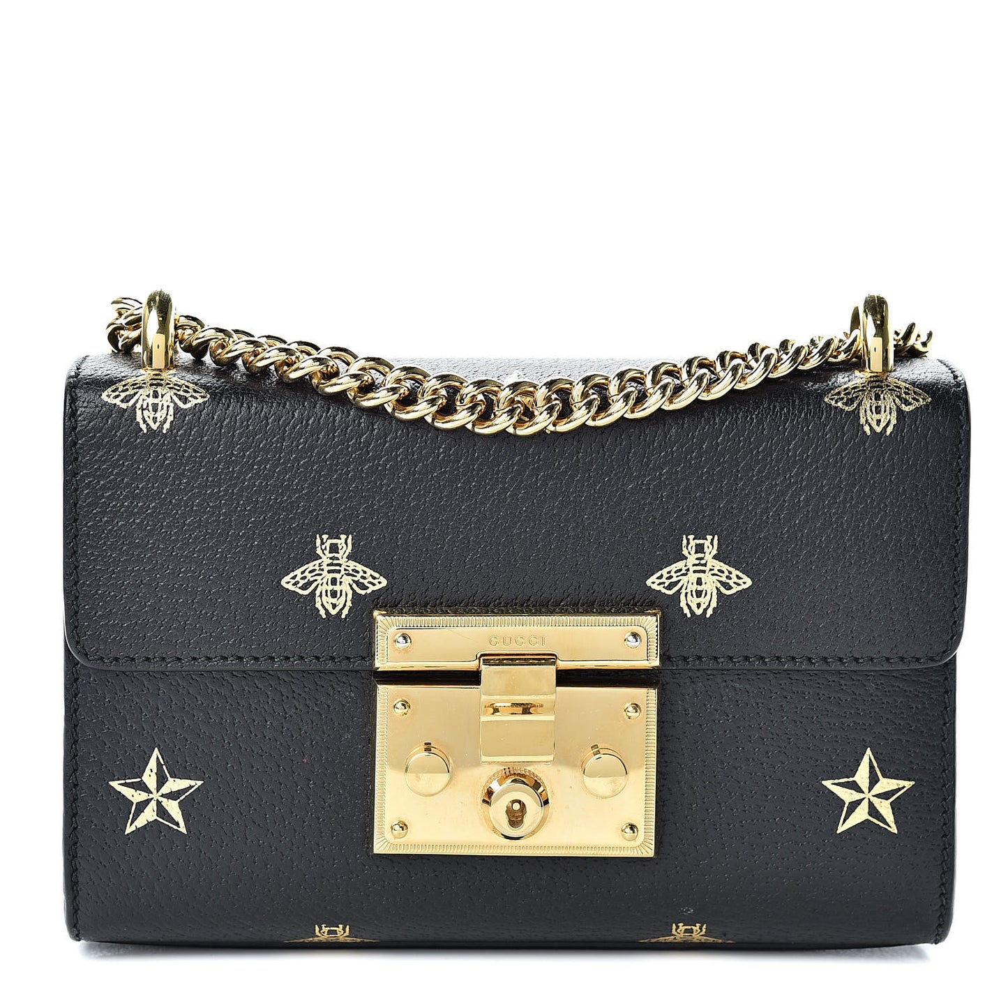 Grained Calfskin Bee Star Small Padlock Shoulder Bag Black