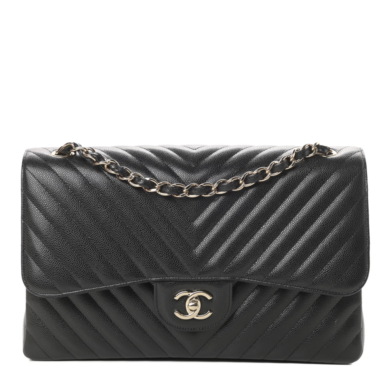 Chanel Caviar Chevron Quilted Jumbo Double Flap Black 1 of 12