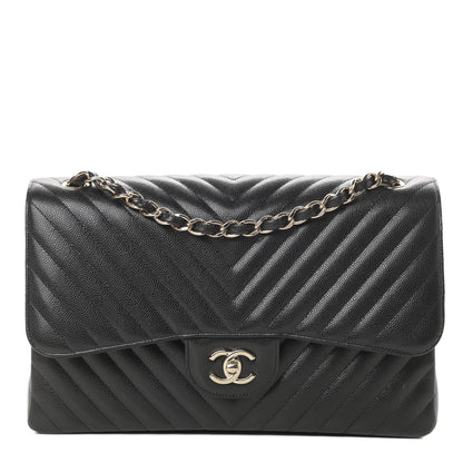 Chanel Caviar Chevron Quilted Jumbo Double Flap Black 1 of 12
