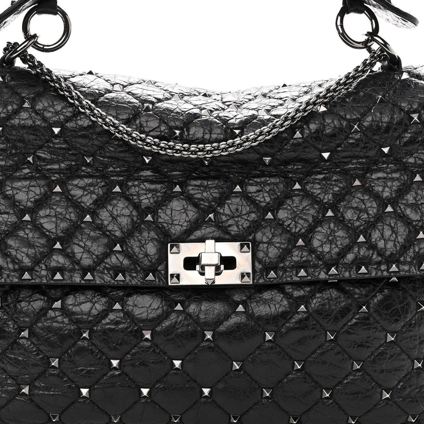 Craquele Nappa Large Rockstud Spike Shoulder Bag Black