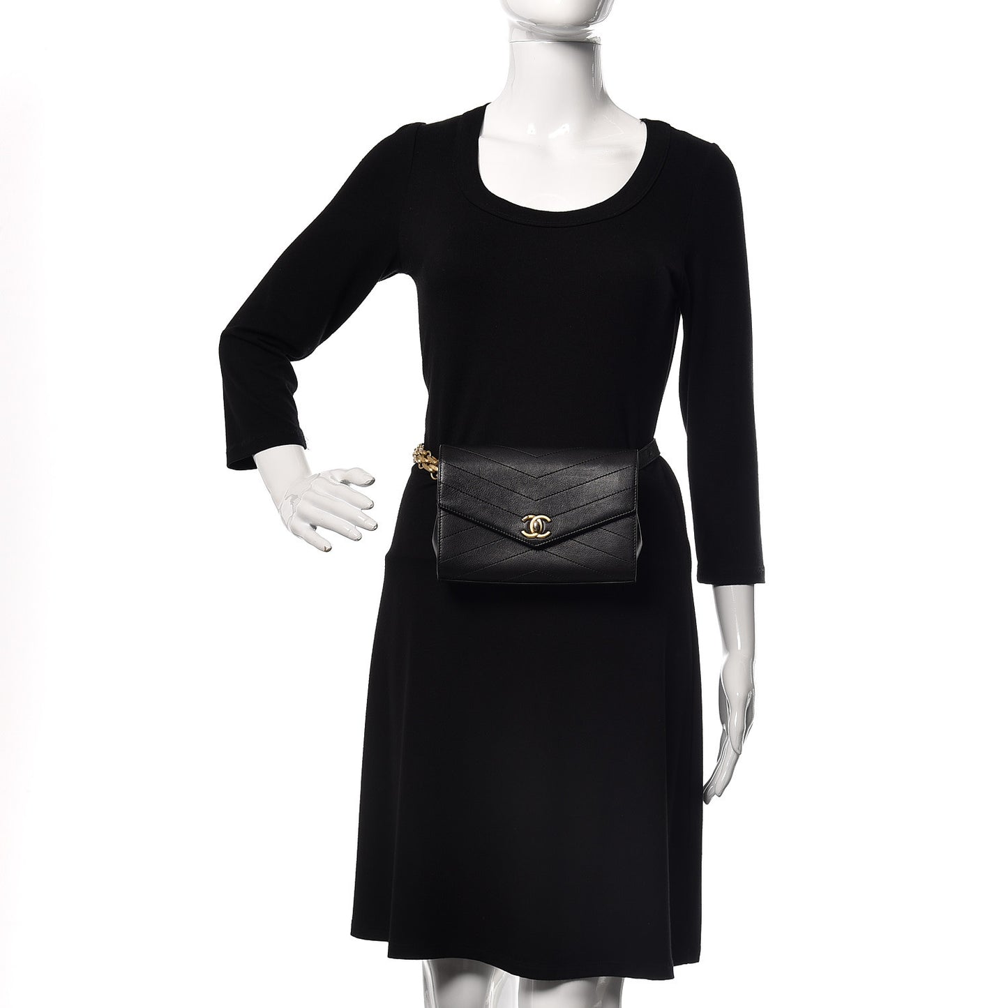 Calfskin Chevron Stitched Coco Waist Bag Black