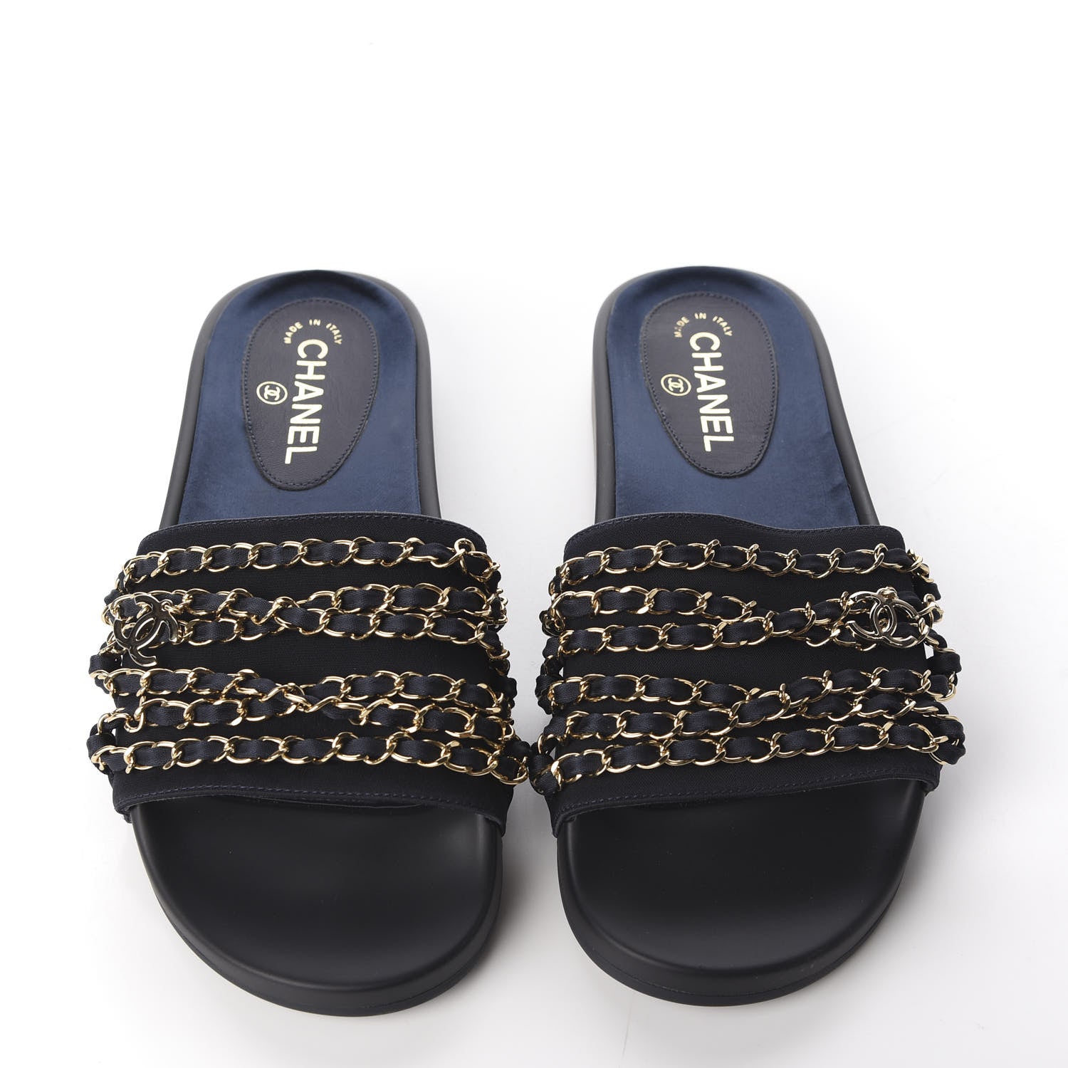 Chanel Satin Canvas Chain Slides Sandals Flats 40 Marine 7 of 11