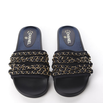 Chanel Satin Canvas Chain Slides Sandals Flats 40 Marine 7 of 11