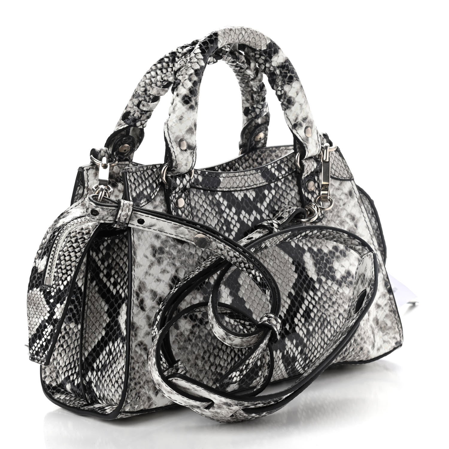 Balenciaga Grained Calfskin Snake Effect Neo Classic Silver Hardware Mini City Black White 3 of 9