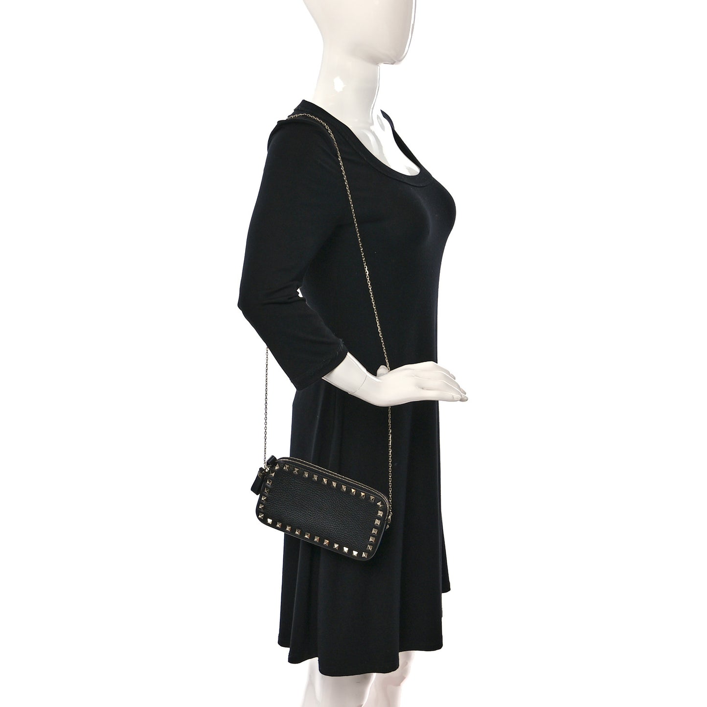 Pebbled Calfskin Rockstud Small Chain Shoulder Bag Black