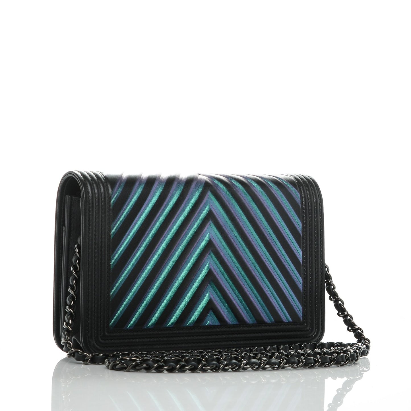 Calfskin Painted Chevron Embossed Boy Wallet On Chain WOC Black