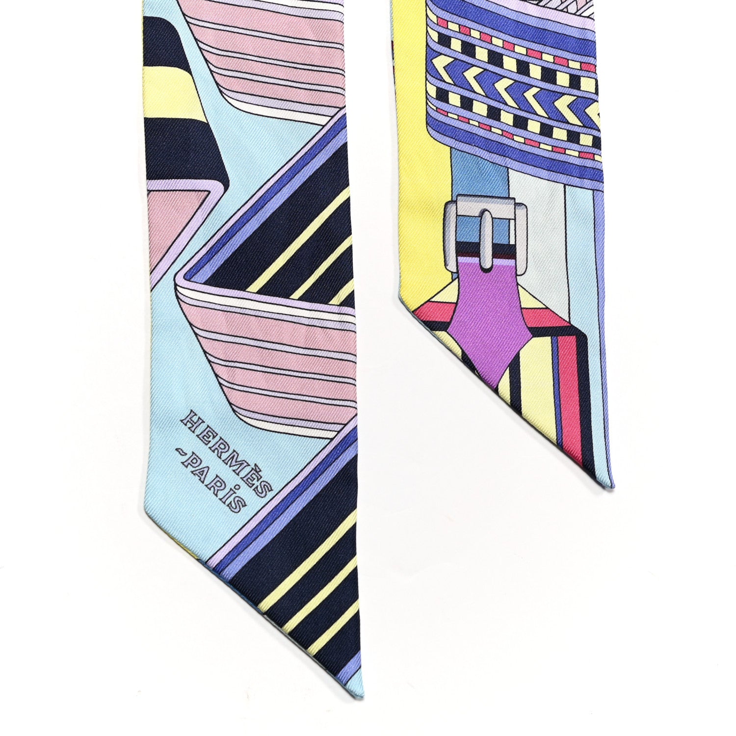 Hermes Silk Sangles En Zigzag Twilly Bleu Mauve Jaune 2 of 4
