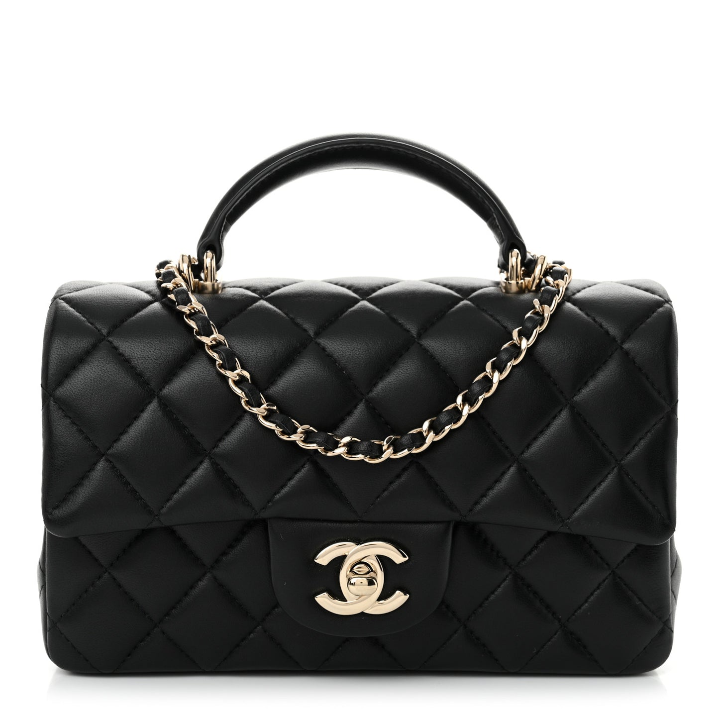 Lambskin Quilted Mini Top Handle Rectangular Flap Black