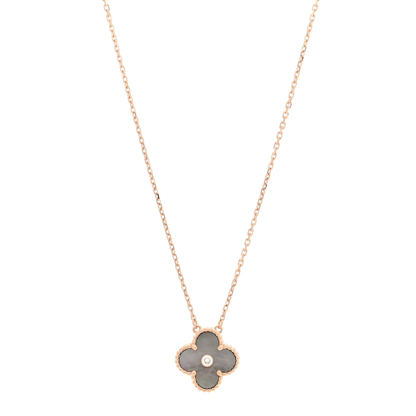 18K Rose Gold Diamond Grey Mother of Pearl Vintage Alhambra Pendant Necklace