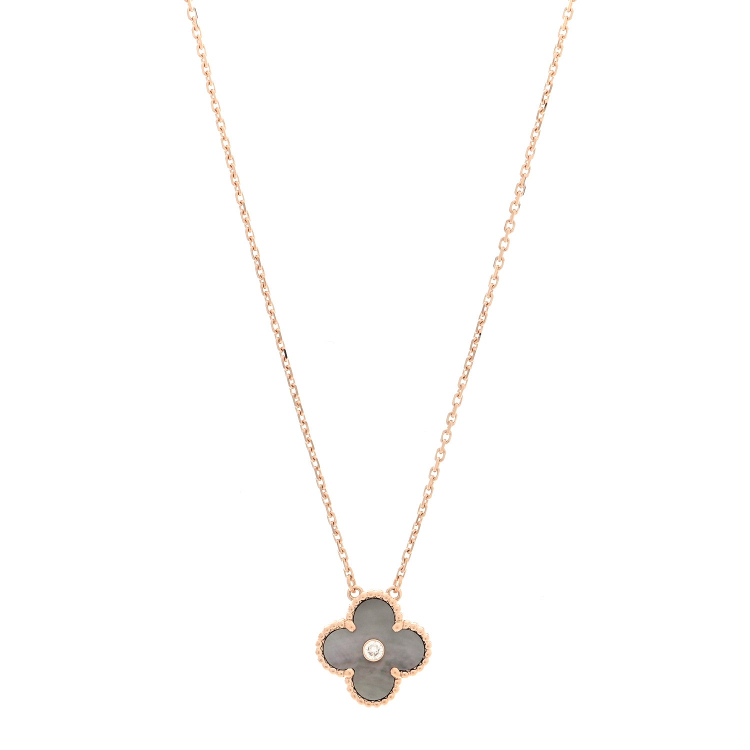 Van Cleef & Arpels 18K Rose Gold Diamond Grey Mother of Pearl Vintage Alhambra Pendant Necklace 1 of 4