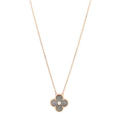 Van Cleef & Arpels 18K Rose Gold Diamond Grey Mother of Pearl Vintage Alhambra Pendant Necklace 1 of 4