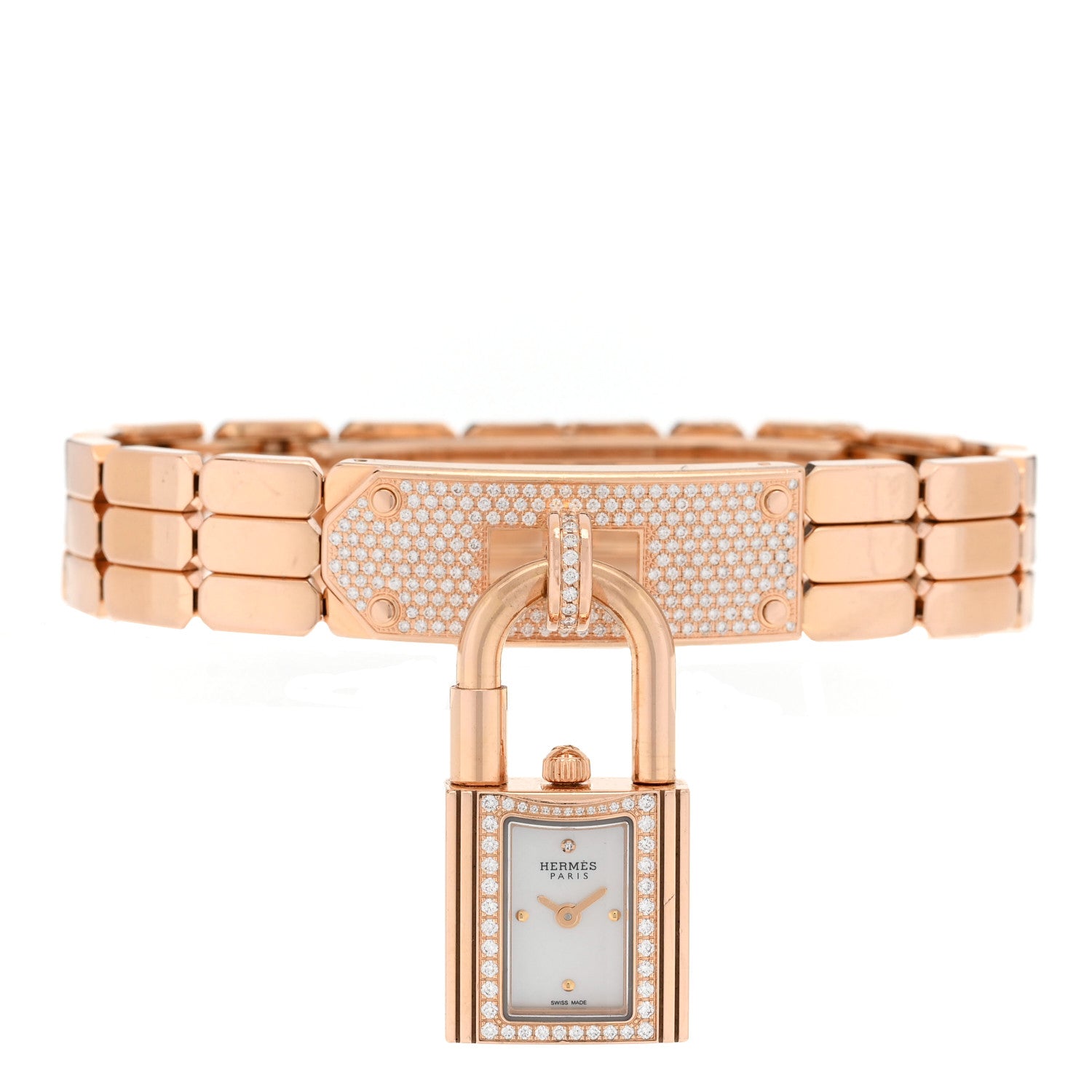 Hermes 18K Rose Diamond Pave 16mm Kelly Quartz Watch 1 of 4