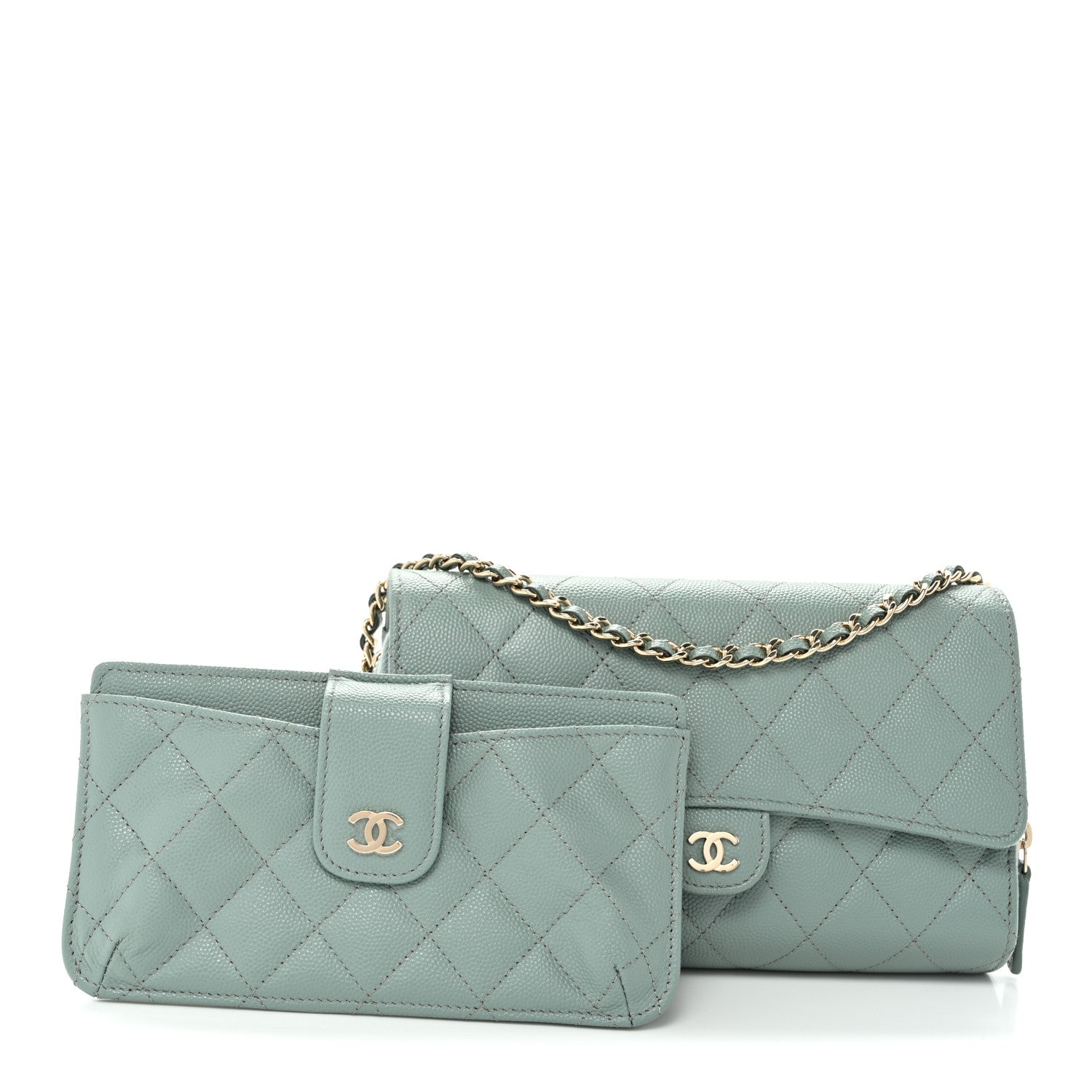 Chanel Caviar Quilted Phone Holder Wallet on Removable Chain Light Blue 3 of 12