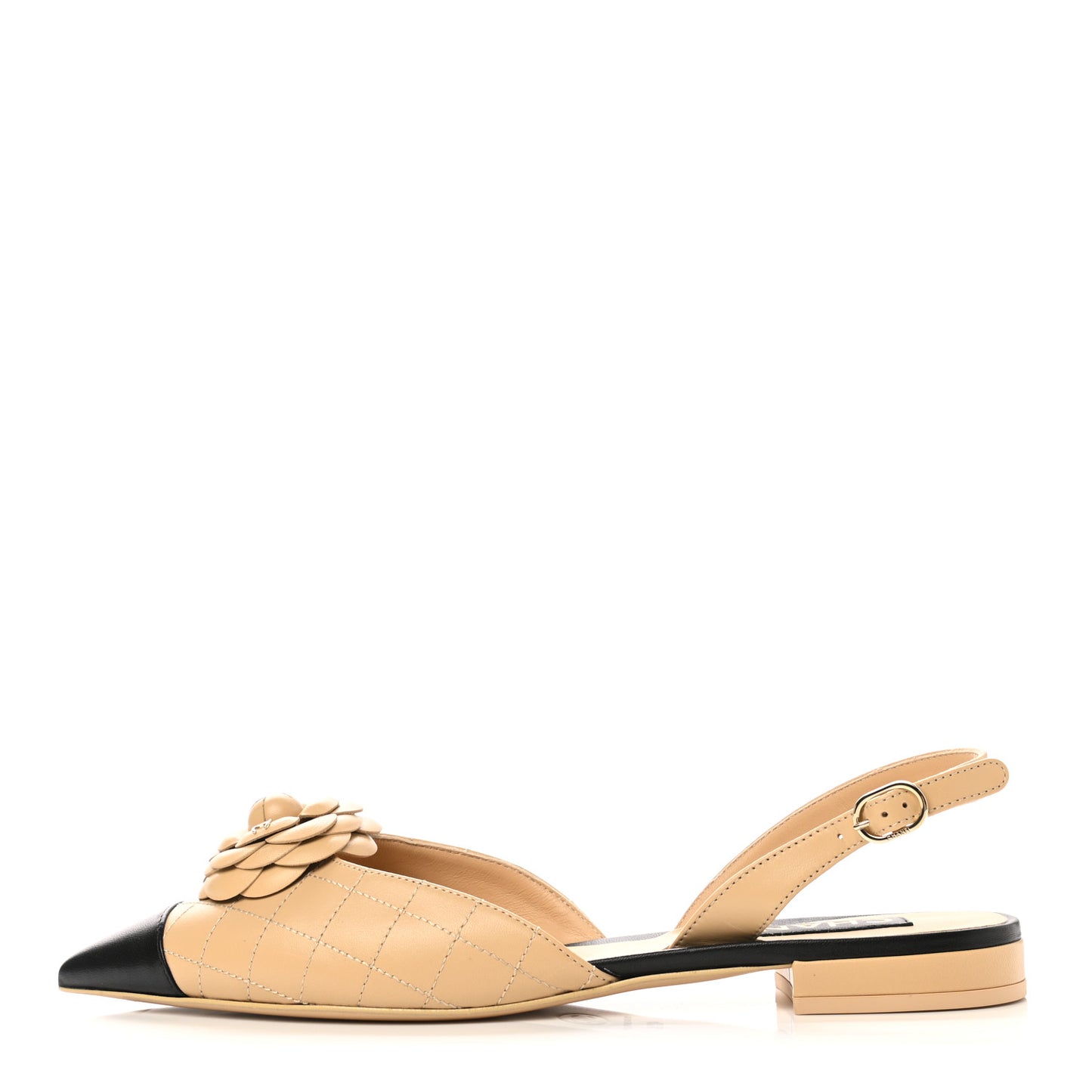 Lambskin Stitched Camellia Slingback Flats 40.5 Beige Black