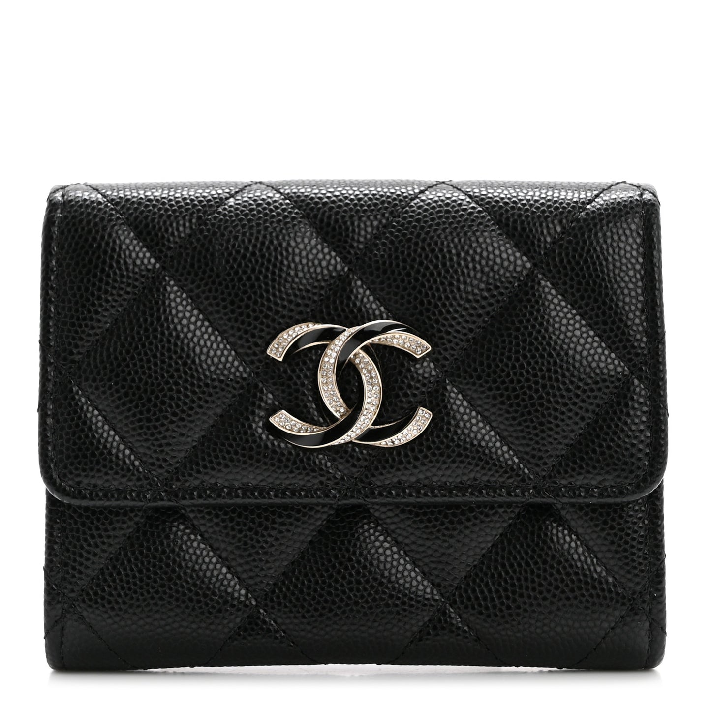Caviar Quilted Crystal Enamel CC Flap Card Holder Black