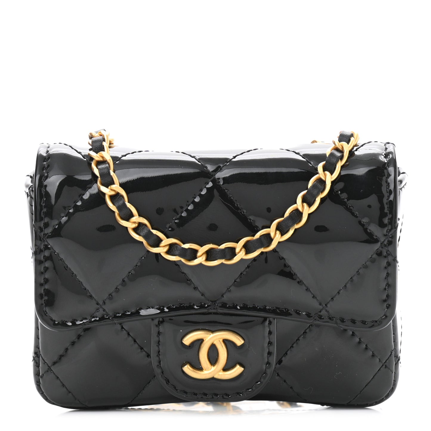 Patent Quilted Enamel Chain Mini Flap Belt Bag Black