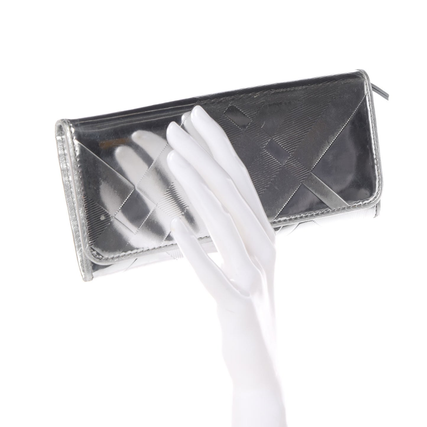 Metallic Calfskin Check Embossed Continental Wallet Silver
