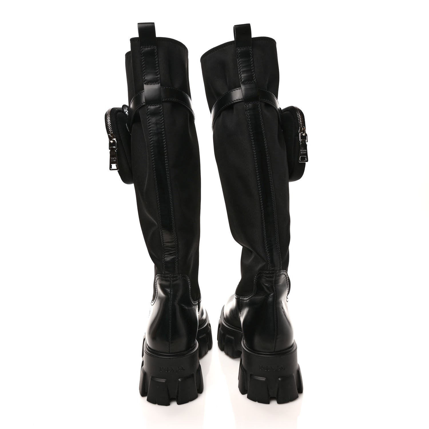 Prada Spazzolato Rois Re-Nylon Metal Triangle Logo Monolith Pouch Pocket 55mm Tall Boots 39 Black 5 of 8