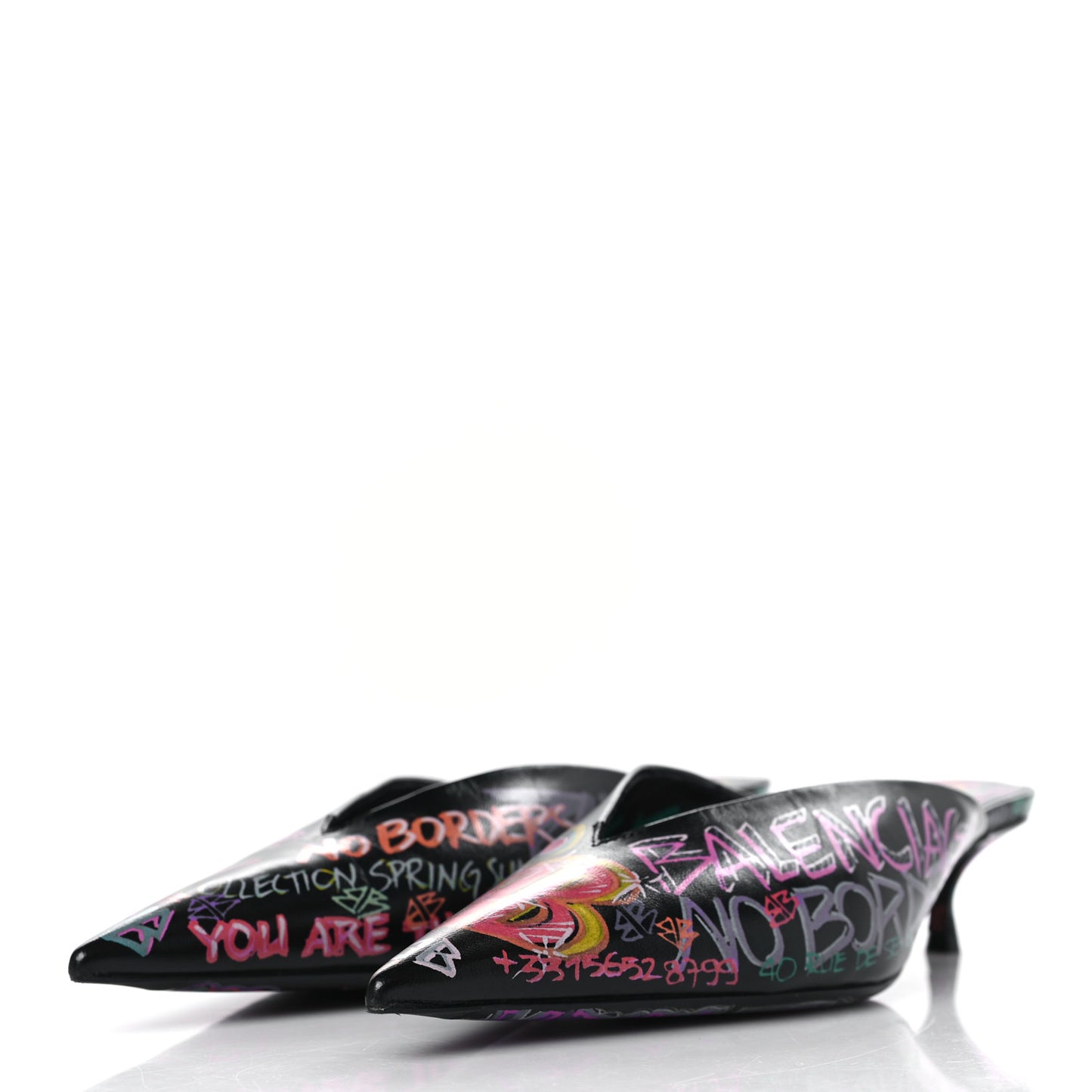 Chevre Classic Graffiti Pointed Toe Knife Mules 37 Black Multicolor