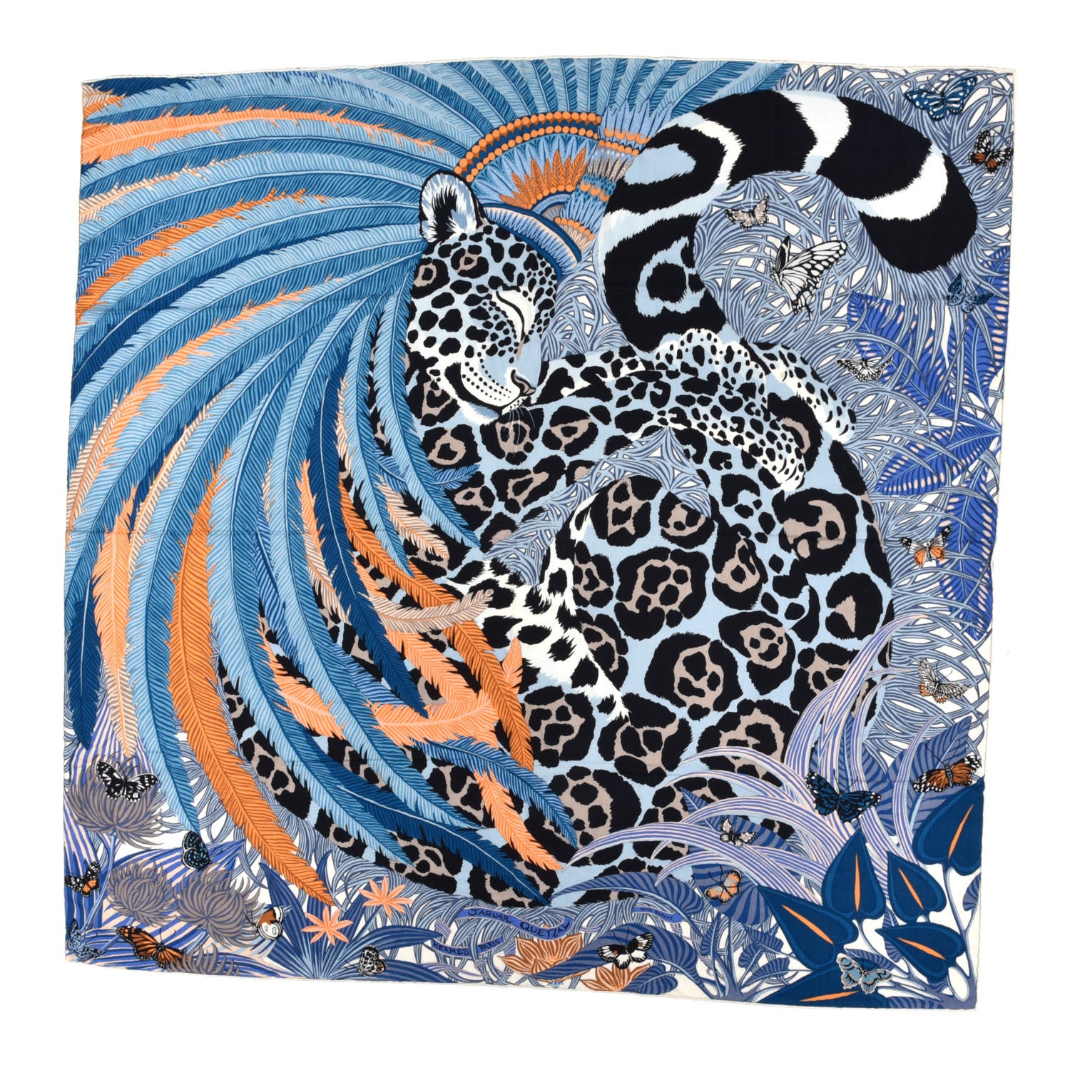 Hermes Cashmere Silk Jaguar Quetzal Shawl 140 Bleu Jean Abricot Gris 1 of 5
